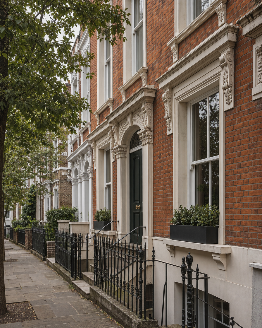 Victorian red-brick terrace with sash windows and black railings in London